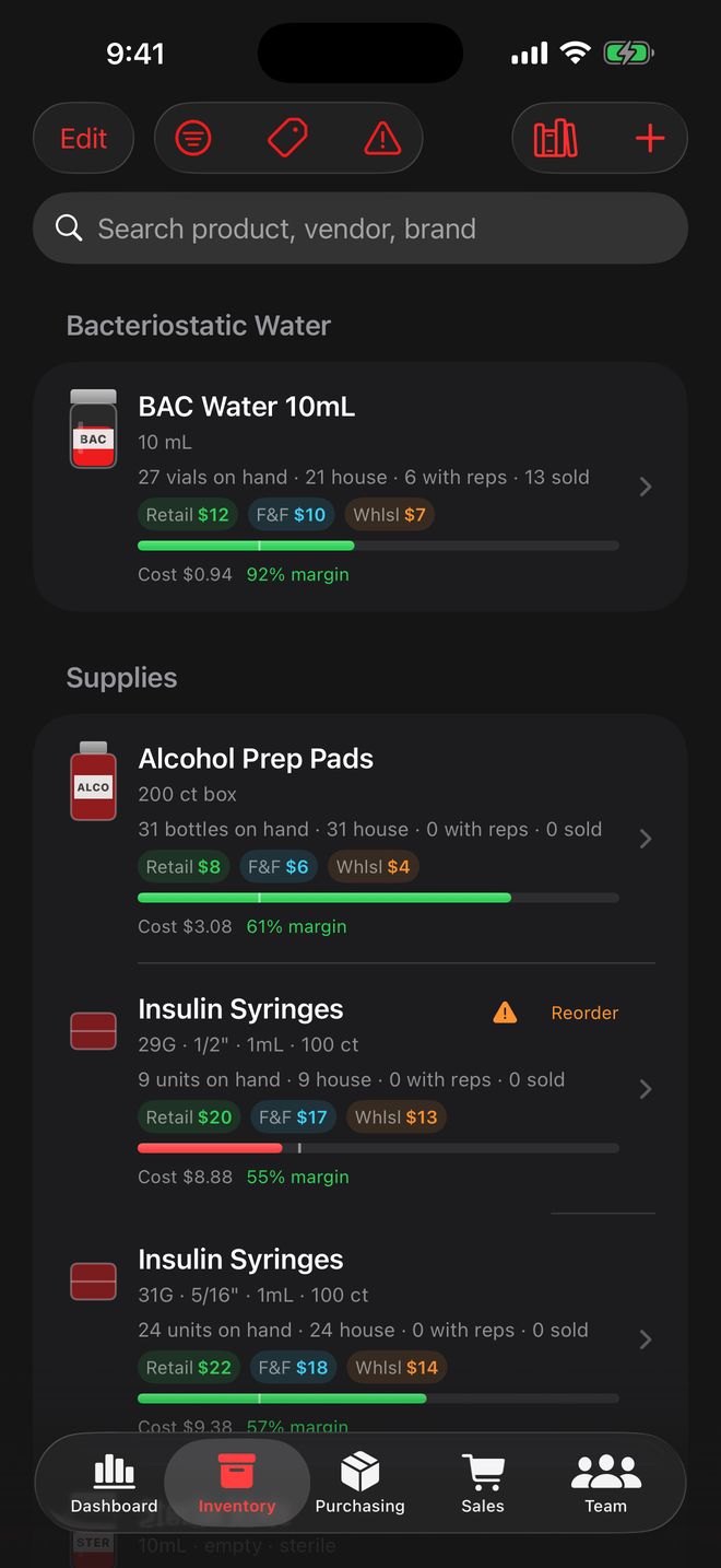 Inventory grouped by category with bacteriostatic water and supplies, each row showing three price tiers and margin